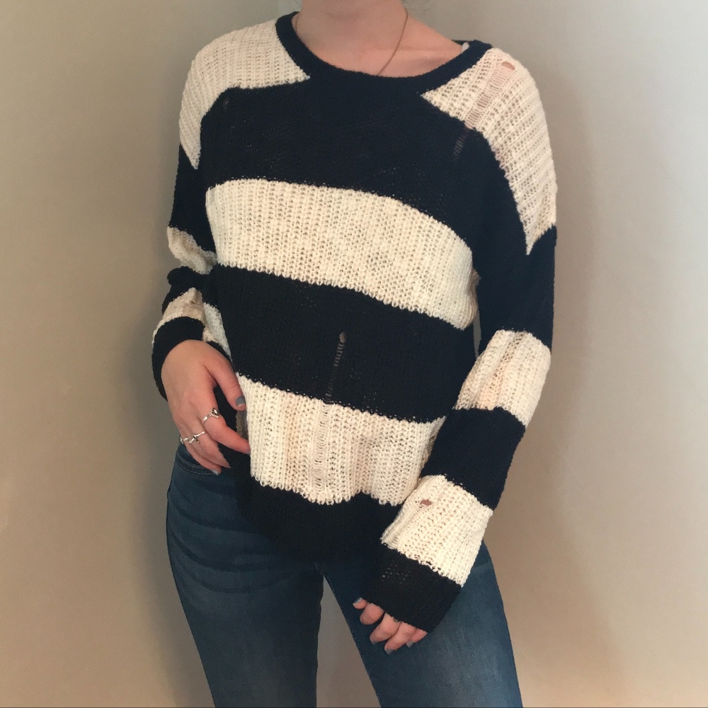 Distressed Striped Knit Black and Ivory Sweater